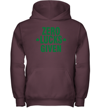 Load image into Gallery viewer, Zero Lucks Given Shirt Lucky Green St. Patrick's Day Youth Hoodie