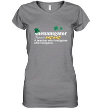 Load image into Gallery viewer, St Patrick's Irish Shenanigator A Teacher Who Instigates Shenanigans Women's V-Neck T-Shirt